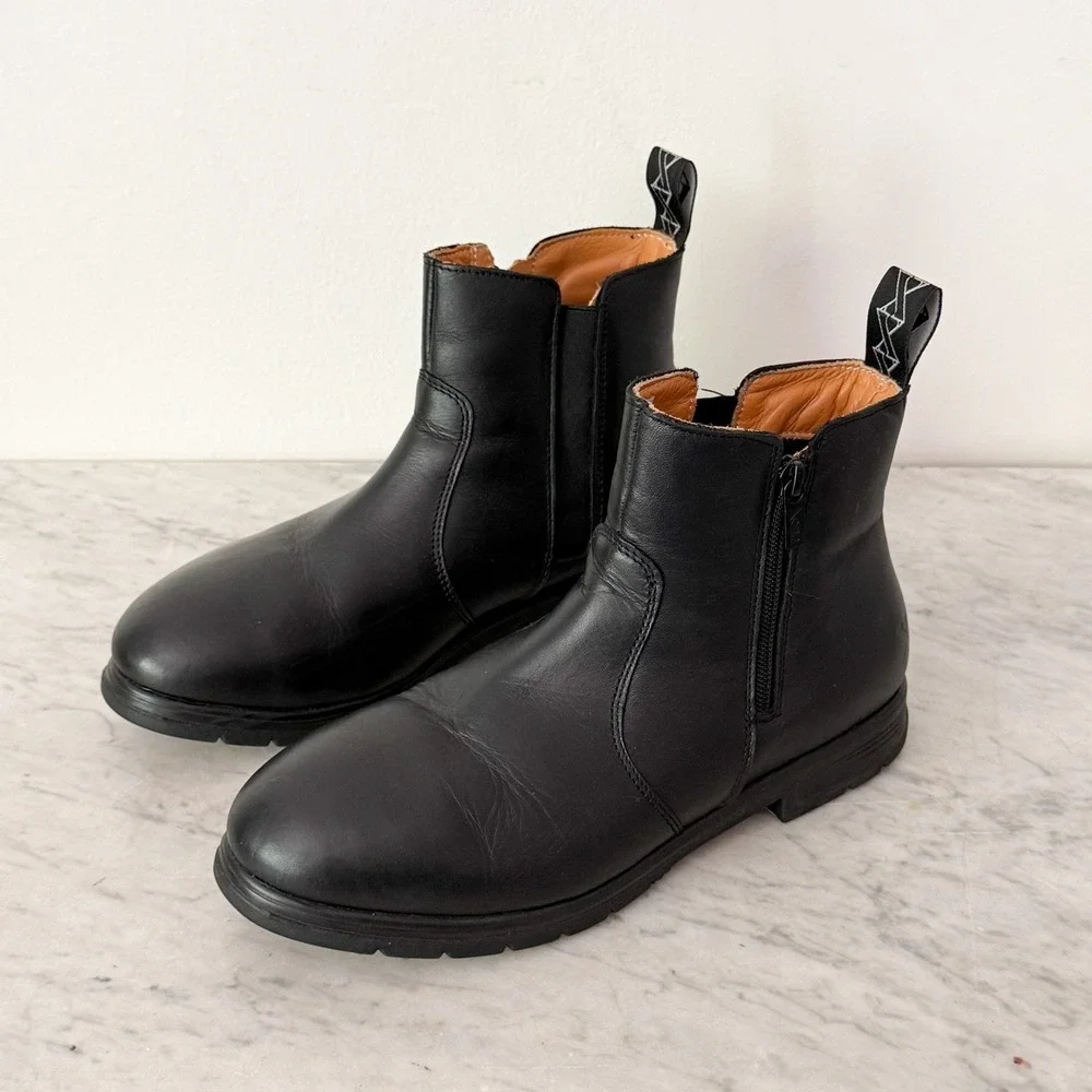 Xena Omega Steel‎ Toe Work Boots 9 Wide Black Leather Side Zip Chelsea Utility